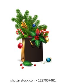 Vector New Year, Merry Christmas illustration. 3d black Shopping bag, decorations of spruce, fir branches, Christmas toys, colorful balls, leaves, holly berries, autumn leaves, beads, Christmas sweets