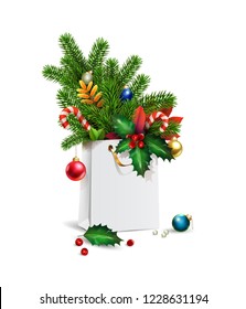 Vector New Year, Merry Christmas illustration. 3d white Shopping bag, bouquet of spruce, fir branches, Christmas toys, colorful balls, leaves, holly berries, autumn leaves, beads, Christmas sweets
