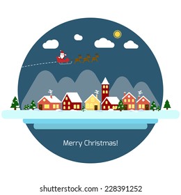 Vector New Year and Merry Christmas greeting card with flying Santa and deer and winter landscape in circle. EPS 10