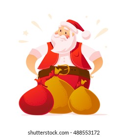 Vector New Year and Merry Christmas design concept. Cartoon style. Santa Claus character portrait and gifts isolated on white background. Good for xmas congratulation advertisement, card, banner.