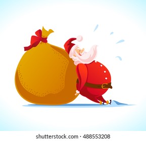Vector New Year and Merry Christmas design concept. Cartoon style. Santa Claus character portrait and gift bag isolated on white background. Good for xmas congratulation advertisement, card, banner.