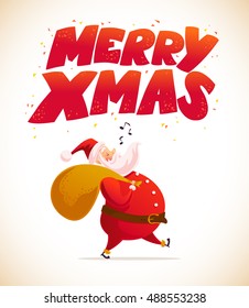 Vector New Year and Merry Christmas design concept. Cartoon style. Santa Claus character portrait and gift bag isolated on white background. Good for xmas congratulation advertisement, card, banner.