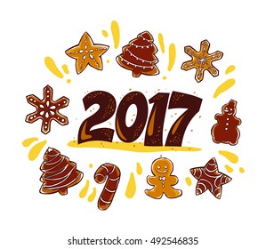 Vector New year and Merry Christmas congratulation design element with hand drawn gingerbread cookie isolated on white background. Good for xmas card, illustration, advertisement, packaging.