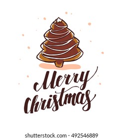 Vector New year and Merry Christmas congratulation design element with hand drawn gingerbread cookie isolated on white background. Good for xmas card, illustration, advertisement, packaging.