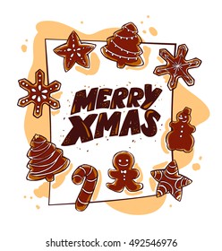 Vector New year and Merry Christmas congratulation design element with hand drawn gingerbread cookie isolated on white background. Good for xmas card, illustration, advertisement, packaging.