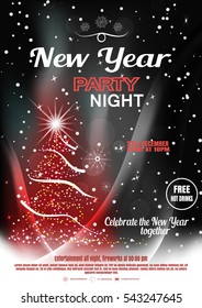 Vector New Year night party poster on the dark gray and red gradient background with Christmas tree, snowfall, wave and snowflakes.