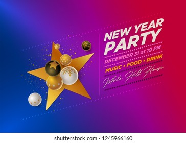 Vector New Year Party poster design template with 3d white, black and gold Christmas balls . Elements are layered separately in vector file.