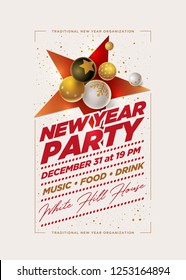 Vector New Year Party poster design template with 3d white, black and gold Christmas balls . Elements are layered separately in vector file.