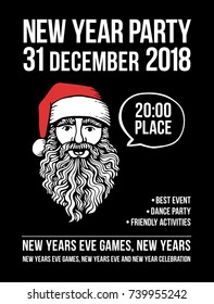 Vector new year party poster with Santa and bubble. Holiday background and design banner, invitation. Vector template with hand-drawn xmas graphic.