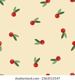 Vector New Year pattern. New Year berries, sharrow, red berries, green leaves, beige background 
