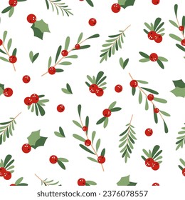 Vector New Year pattern. New Year berries, sharrow, red berries, green leaves, beige background 