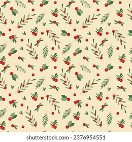 Vector New Year pattern. New Year berries, sharrow, red berries, green leaves, beige background 