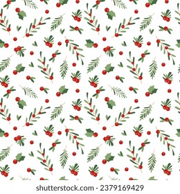 Vector New Year pattern. New Year berries, sharrow, red berries, green leaves, white background 