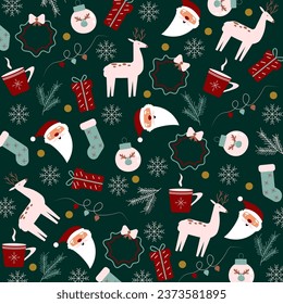 Vector New Year pattern in bright colors. Christmas attributes of the pattern, arranged by hand. Can be used as wrapping paper, napkin design, fabric