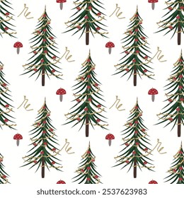 Vector New Year pattern with Christmas tree and fly mushrooms