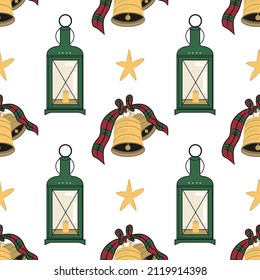 Vector New Year pattern. Flashlight, bell, star.