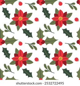 Vector New Year pattern. New Year hand drawn berries, red berries, green leaves on white background for Christmas and winter paper and textile print.
