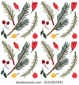 Vector New Year pattern. New Year hand drawn berries, red berries, green leaves on white background for Christmas and winter paper and textile print.