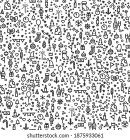 Vector New Year pattern. Happy new year background. Hand drawn doodle elements, icons. Fir tree and present, toy and champagne, heart, candle, star, candy, coffee.