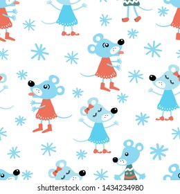 Vector new year pattern. Mouse boys and girls with snowflakes on white background. For textile, background, fabric, wrapping paper, Wallpaper, postcards.