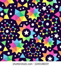 Vector new year pattern with rainbow decorative elements (stars, snowflakes) on dark background. Seamless pattern can be used for wallpaper, pattern fills, web page background,surface textures.