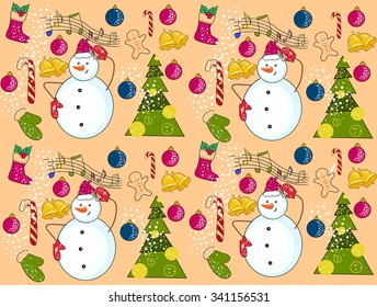 Vector New year pattern with snowman, Christmas tree toy, gingerbread man.