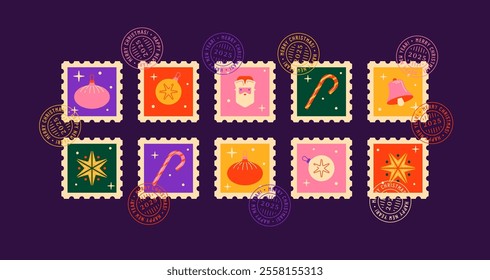 Vector New Year Postage Stamps with Santa Claus Stamps