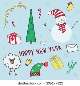 vector new year postcard with snowman and christmas tree