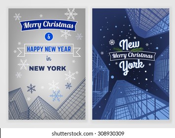 Vector New Year postcard template. Bright modern Christmas backgrounds for poster, print, flyer, book, booklet, brochure and leaflet design. Editable graphic image in blue and white colors