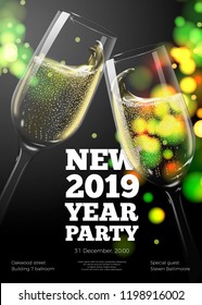 Vector New Year poster, invitation template with transparent champagne glasses on bright background with blurred xmas tree.