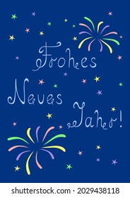 Neujahrsausdruck. Auf Deutsch "Happy New Year". Feuerwerke. Sterne. Confetti.Holiday vertikale Muster-Vorlage für Innenausstattungspakete, Banner, Postkarte, Verpackung