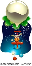 Vector New Year Rabbit flying a magic balloon made out of a Christmas ball
