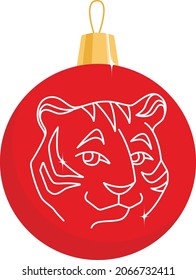 Vector new year red ball with linear white smiling tiger face. Isolated on white element for holiday card, poster, invitation. Flat and line art design, simbol from chinese horoscope.