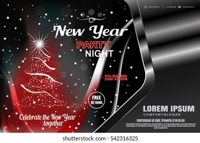 Vector New Year red poster in the gradient gray frame with Christmas tree, radiance, snowfall, wave for holiday party.