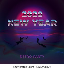 Vector New Year retro style Banner template with bright chrome letters and 2020 number