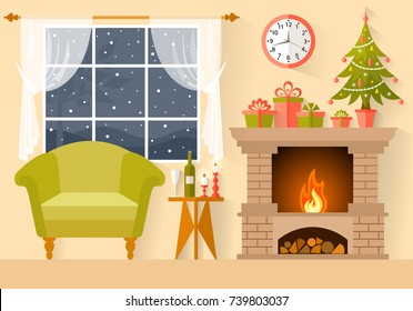 Vector New Year s interior in flat style. A room with a fireplace, a Christmas tree, gifts, decorated for Christmas.