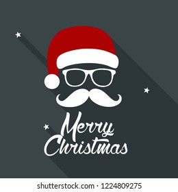 Vector New Year Santa Claus icon. Santa Claus with glasses and a mustache. Christmas illustration in flat style. Text: Merry Christmas.