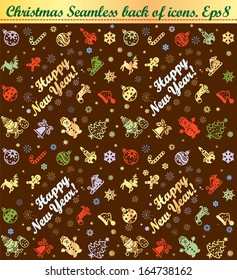 Vector New Year seamless background of holiday icons. Gold. Eps8.