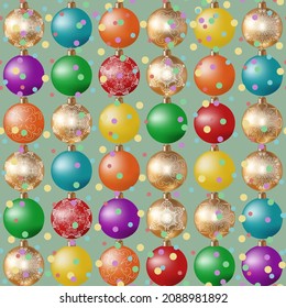 Vector New Year seamless background with Christmas decorations and confetti. For festive New Year's decor on walls, fabric and other surfaces.