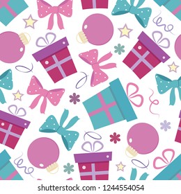 Vector New Year seamless pattern with presents, ribbons, Christmas tree toys, stars on a dark blue background. Can be used for packing prints and textile