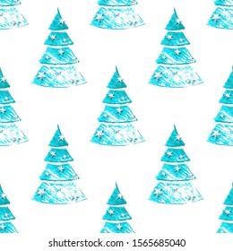 Vector New Year seamless pattern with realistic hand drawn blue christmas tree with stars isolated on white background. 
