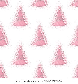 Vector New Year seamless pattern with pink paint fir imprint and scattering of rosy gold glitter.Text Merry Christmas.