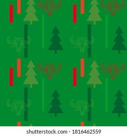 Vector New Year seamless pattern in green and red for the year of the bull. Flat illustration and low poly style. Depicts the head of a bull and a Christmas tree