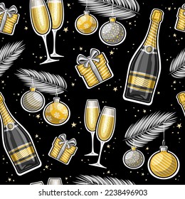 Vector New Year seamless pattern, repeat background with illustration of silver hanging balls on fir branches, two wine glasses, cartoon gift boxes, decorative confetti for new year on dark background