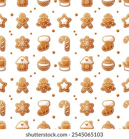 Vector New Year seamless pattern with gingerbread cookies of different shapes with white icing on a white background. Cute design for Christmas packaging, textiles, wallpapers and backgrounds.