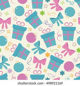Vector New Year seamless pattern with presents, bows, Christmas tree toys on a light background. Can be used for packing prints and textile
