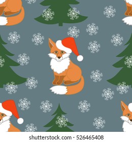 vector of new year seamless pattern with fox in santa Claus hat