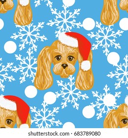vector of new year seamless pattern with snowflakes and cute cartoon dog in santa Claus hat as symbol new year