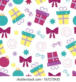 Vector New Year seamless pattern with presents, ribbons, Christmas tree toys, stars on a white blue background. Can be used for packing prints and textile