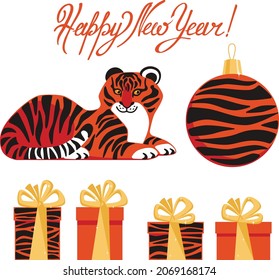 Vector new year set with chinese horoscope simbol tiger. Animal, striped ball , gift boxes, lettering. Isolated on white elements for holiday design of card , poster, invitation